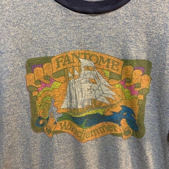 Vintage 70s 80s tee t-shirt single stitch ringer blue sailing boat nautical sz L - Picture 3 of 9